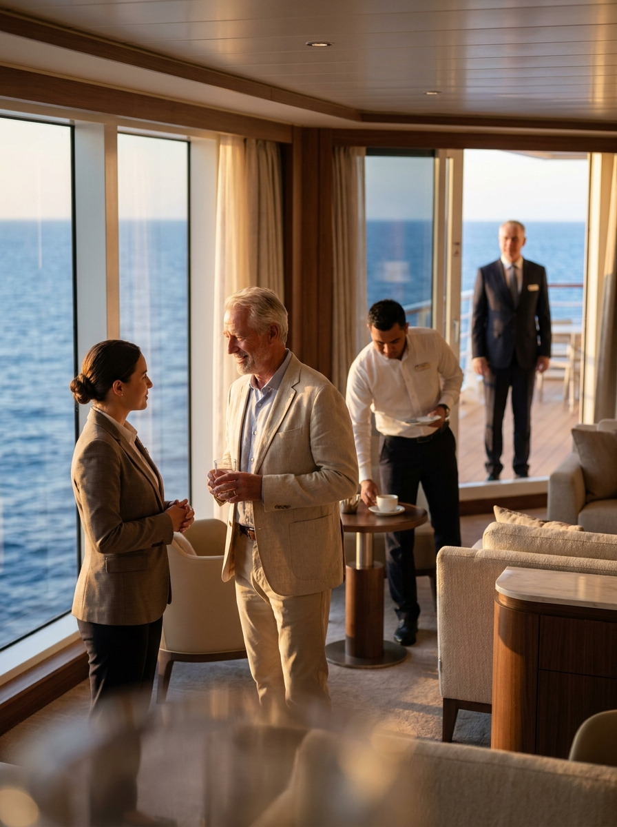 A guest and an officer in conversation in a ship lounge at sea, with crew attending in the background.