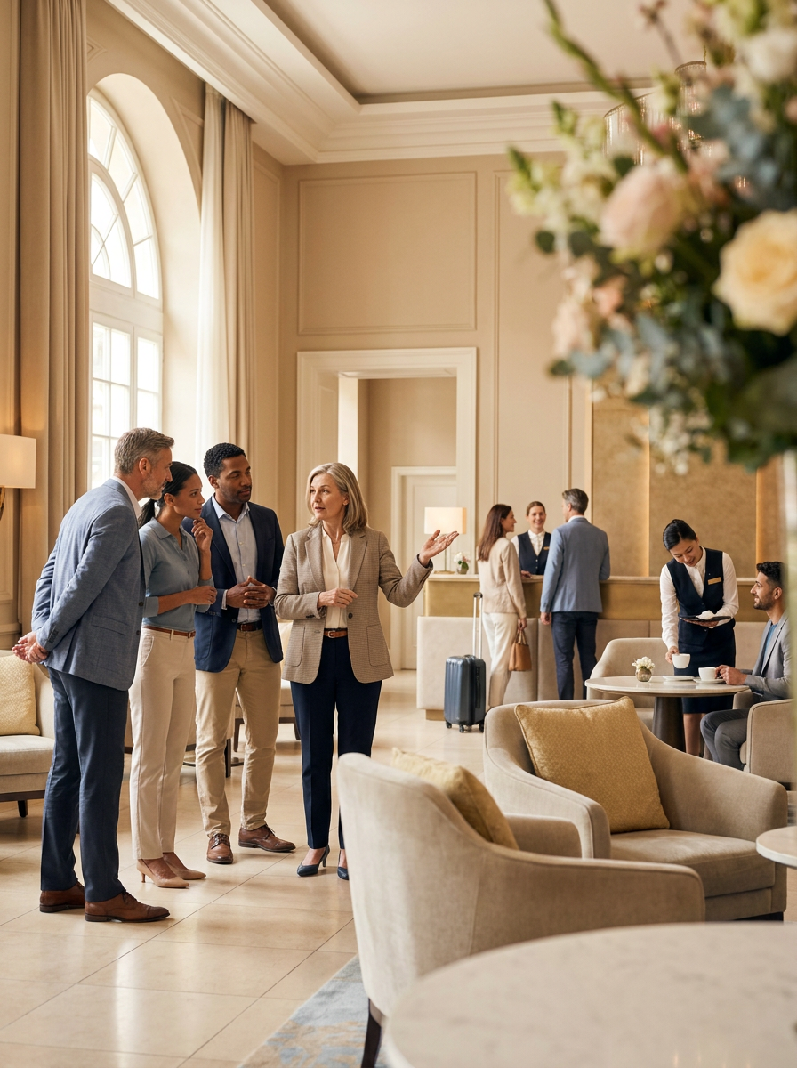 A regional leader briefing a property team in a hotel lobby while guests are welcomed at reception behind them.