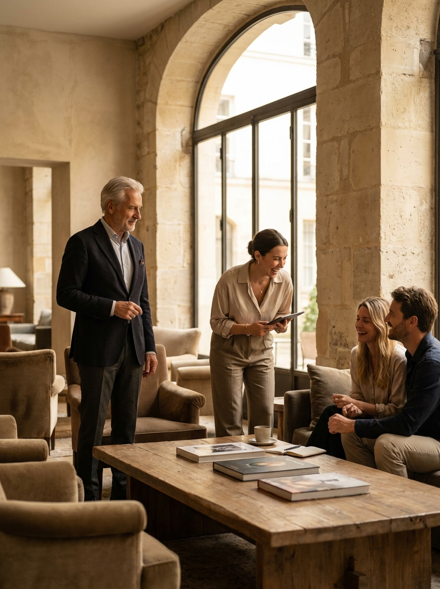 A host and general manager in warm conversation with two guests in the stone-walled lounge of an independent luxury hotel.